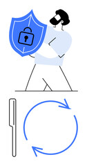 Man carrying shield with lock emphasizing protection circular arrows suggest continuity. Ideal for security, trust, process cycle, data safety, privacy, workflow, technology. Flat simple metaphor