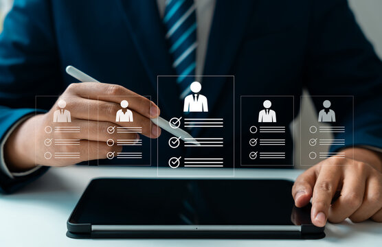 Human resource technology, HR recruitment and team management, Human resource manager reviewing online CVs to select perfect candidate for employment using digital technology and networking tools
