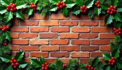 Brick wall adorned with festive Christmas holly, Red Berries, Greenery, Evergreen Branches