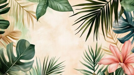 Tropical foliage art background vector.Digital print design with palm, floral and leaves with watercolor brush texture. Canvas art for wallpaper, wall arts, prints, fabric, pattern and packaging.