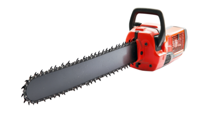 Red chainsaw with sharp teeth on transparent background