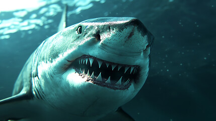 Obraz premium Realistic close-up animation of a great white shark swimming powerfully through the ocean depths, its sharp teeth and piercing eyes in focus 