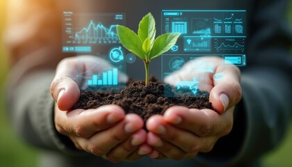 Hand holds sapling growing from soil with digital data info graphics. New life plane in nature concept. Investment in green eco technology, sustainable agriculture, renewable energy sources.
