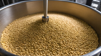 A close-up of the mashing process, where milled malt is mixed with hot water to extract sugars