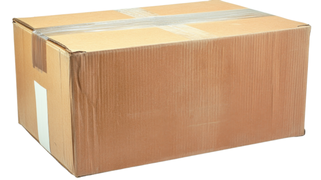 Closed cardboard box with transparent background ready for shipping