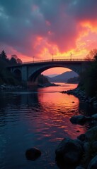 Fototapeta premium A bridge stretches across the dark waters of a river at dawn, bridge, water