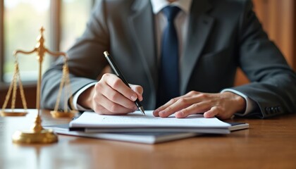 Lawyer in suit writes document at desk with scales of justice. Legal pro drafts law, contract or testament. Attorney prepares legal documents with pen.