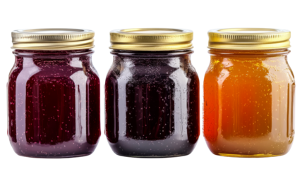 Three glass jars with jam and honey on transparent background
