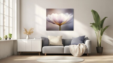 Poster above white cabinet with plant next to grey sofa in simple living room interior. Real photo