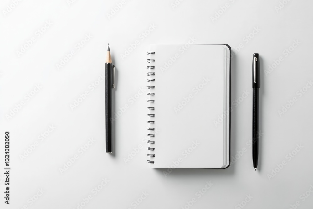Aufkleber single open notebook pen and perfectly sharpened pencil rest symmetrically on clean white desk symbo