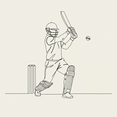 Continuous line drawing of cricket batsman swinging bat at ball during a match, minimalist sport illustration