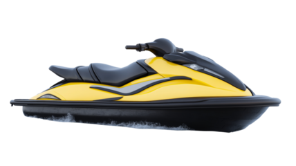 Yellow and black personal watercraft moving on transparent background