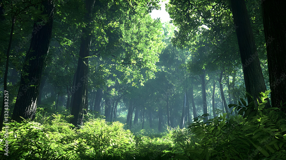 Poster lush green forest scene illuminated by bright sunlight filtering through dense tree canopy with shad