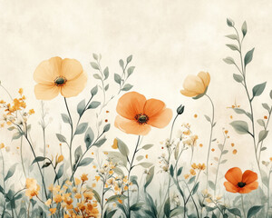 Delicate pastel floral illustration with orange and yellow flowers in soft botanical style