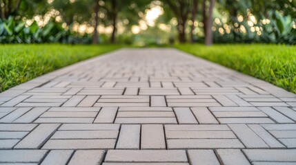 Fototapeta premium Construction Ash Cement Concept, Sustainable Permeable Pavers Pathway Designed with Fly Ash and Cement in a Lush Green Environment