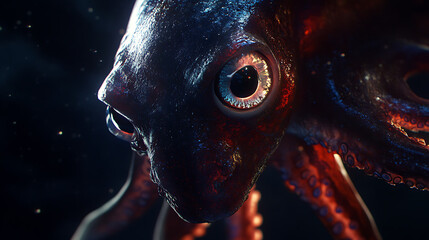 Realistic close-up animation of a giant squid emerging from the darkness, its large eyes scanning the surroundings and tentacles extending 