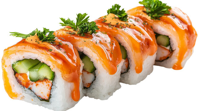 Delicious uramaki sushi rolls with salmon, cucumber and spicy sauce on transparent background