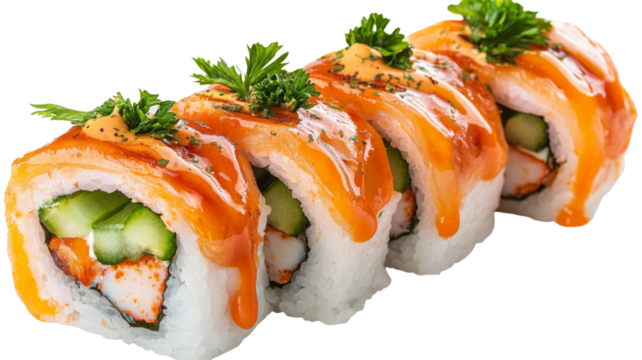 Delicious uramaki sushi rolls with salmon, cucumber and spicy sauce on transparent background
