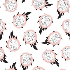 Abstract dragon fruit, dotted doodle seamless pattern. Tropical fruits background. Vector illustration for kitchen wallpaper, health care products, fabric, textile design