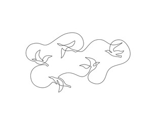 Abstract flying birds continuous line drawing isolated on white background. Freedom concept. Bird silhouettes of pigeons, doves one line art. Vector illustration for minimal poster, template, print