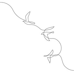 Abstract flying birds continuous line drawing isolated on white background. Freedom concept. Bird silhouettes of pigeons, doves one line art. Vector illustration for minimal poster, template, print