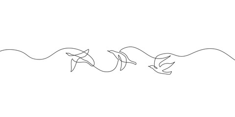 Abstract flying birds continuous line drawing isolated on white background. Freedom concept. Bird silhouettes of pigeons, doves one line art. Vector illustration for minimal poster, template, print