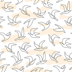 Abstract flying birds on clouds background. Freedom concept. Line drawing of pigeons, doves seamless pattern. Bird silhouettes one line art. Vector illustration for minimal textile fabric print design