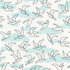 Abstract flying birds on clouds background. Freedom concept. Line drawing of pigeons, doves seamless pattern. Bird silhouettes one line art. Vector illustration for minimal textile fabric print design