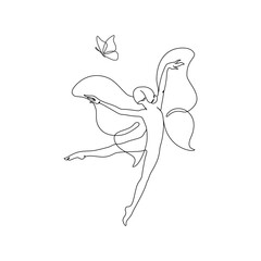 Elegant motion continuous line art drawing of butterfly fairy dancing. Beautiful woman and butterfly freedom concept. Minimal poster print art. Trendy one line draw design vector graphic illustration