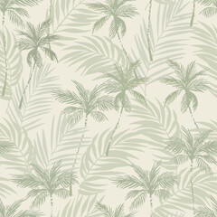 Abstract coconut trees on palm leaves seamless pattern. Abstract tropical foliage background in pastel olive green colors. Vector illustration for minimal fabric, print, background