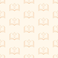 Minimalist vector seamless pattern with cross and bible. Beige religious background with linear elements