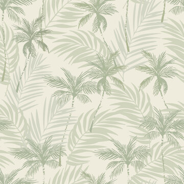 Abstract coconut trees on palm leaves seamless pattern. Abstract tropical foliage background in pastel olive green colors. Vector illustration for minimal fabric, print, background