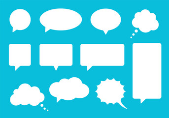 Vector speech bubbles collection. White design elements on blue background. 