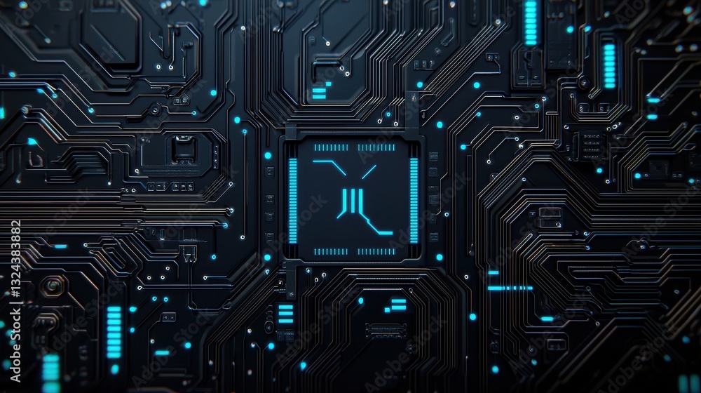 Poster a close-up view of a dark circuit board featuring intricate patterns, glowing blue elements, and a c