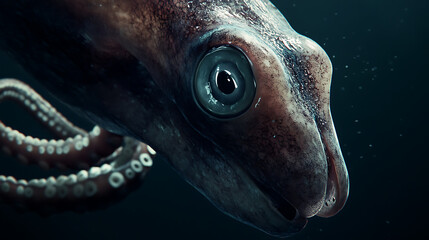 Realistic close-up animation of a giant squid emerging from the darkness, its large eyes scanning the surroundings and tentacles extending 