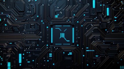 Fototapeta premium A close-up view of a dark circuit board featuring intricate patterns, glowing blue elements, and a central processor, highlighting technology and concept.