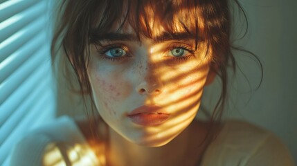 Young woman with freckles and acne showing her imperfect skin