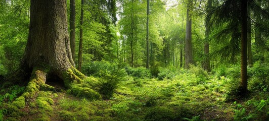 Panoramic view of lush mixed forest landscape in Black Forest showcasing birch, beech, and fir trees with green moss