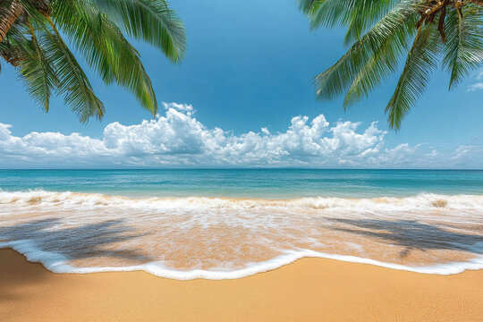 Tropical beach with golden sand, clear skies, and palm trees framing view
