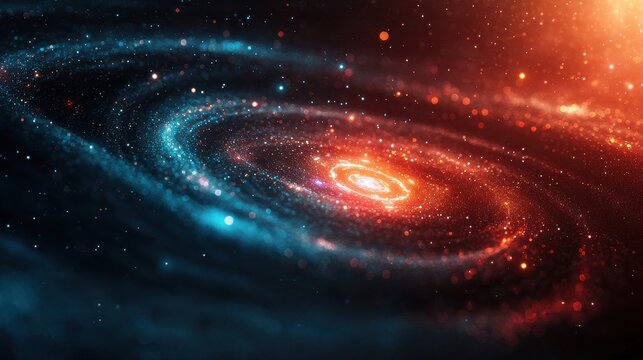 A vibrant cosmic image depicting a swirling galaxy with blue and orange hues, showcasing a mesmerizing collection of stars and celestial elements.