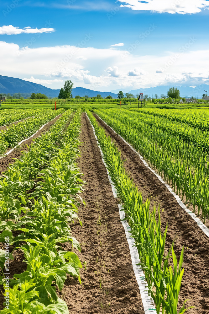 Poster expansive fields stretch across the horizon, displaying neat rows of flourishing crops. under the br