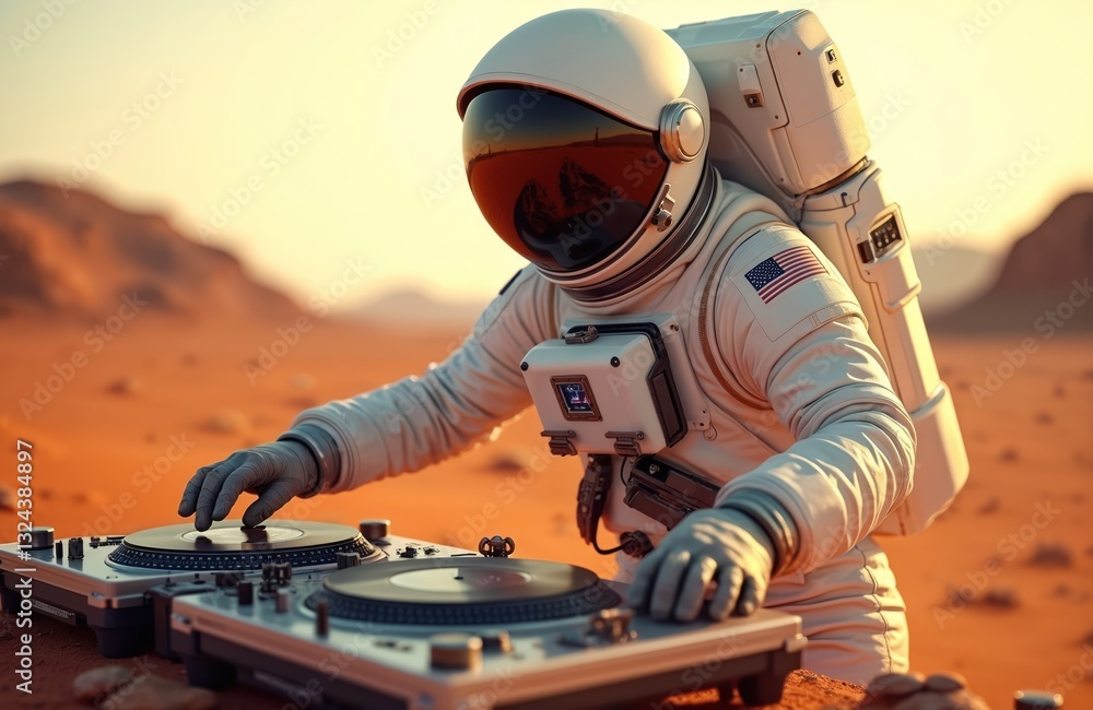 Aufkleber astronaut dj on mars skillfully controls turntable, merging entertainment with alien landscapes. usa