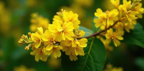 Obraz premium Yellow blooms of Mahonia aquifolium in a bushy shape, flowers, yellow, bush