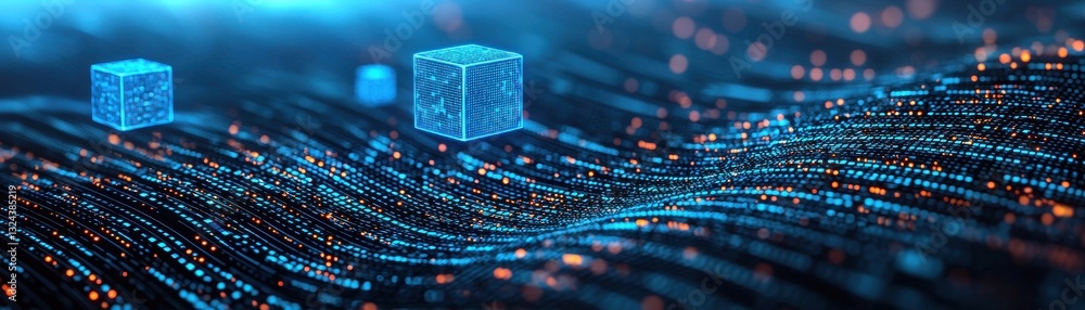 Aufkleber a digital landscape featuring floating data cubes on a wave of glowing blue lines, representing tech