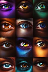 Diverse eyes collage, close-up, beauty, makeup,  gaze