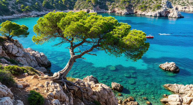 Azure Coastline: Serene Mediterranean Sea, Ancient Tree, Crystal Waters & Rocky Cliffs - A Paradise Escape Awaits!