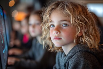 Obraz premium Young child with curly hair focused on computer screen in a busy learning environment