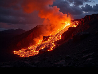 Fototapeta premium Molten lava flowing down volcanic slope with bright orange glow and smoke