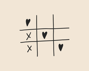 Line art Valentine love tic tac toe game. Coquette whimsical heart doodle X-O children game. Noughts and win. Vector outline illustration