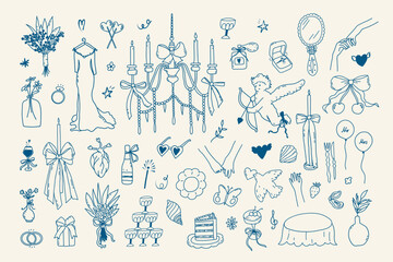 Set of line art wedding icon isolated. Whimsical coquette trendy hand drawn valentine doodle sketch. Vintage amore angel quirky bow, party menu, dinner card. Vector outline illustration